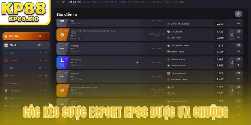 Các kèo cược Esport KP88 được ưa chuộng